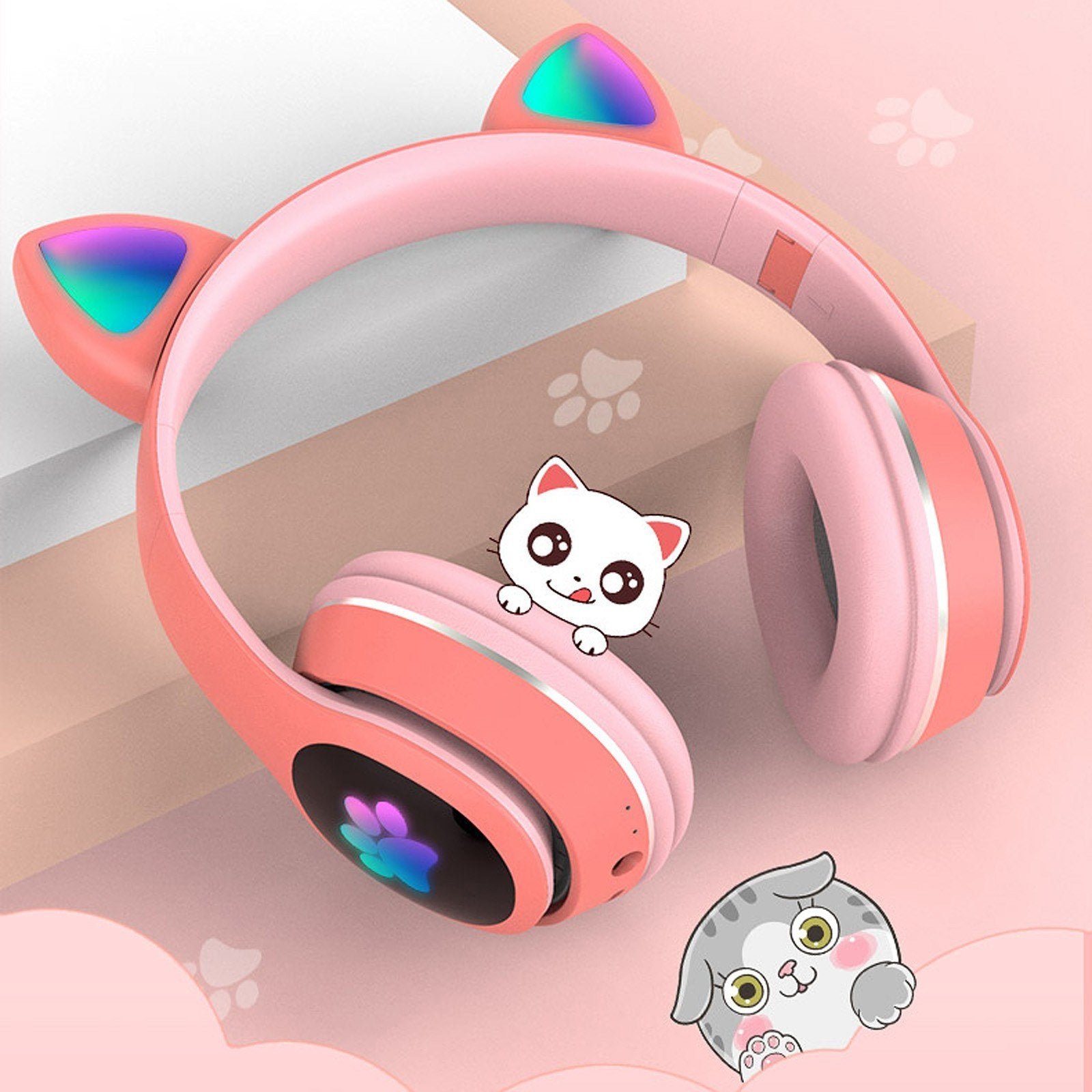 Over Ear Music Wireless Headset Glowing Cat Headphones 7 Color Breathing Lights