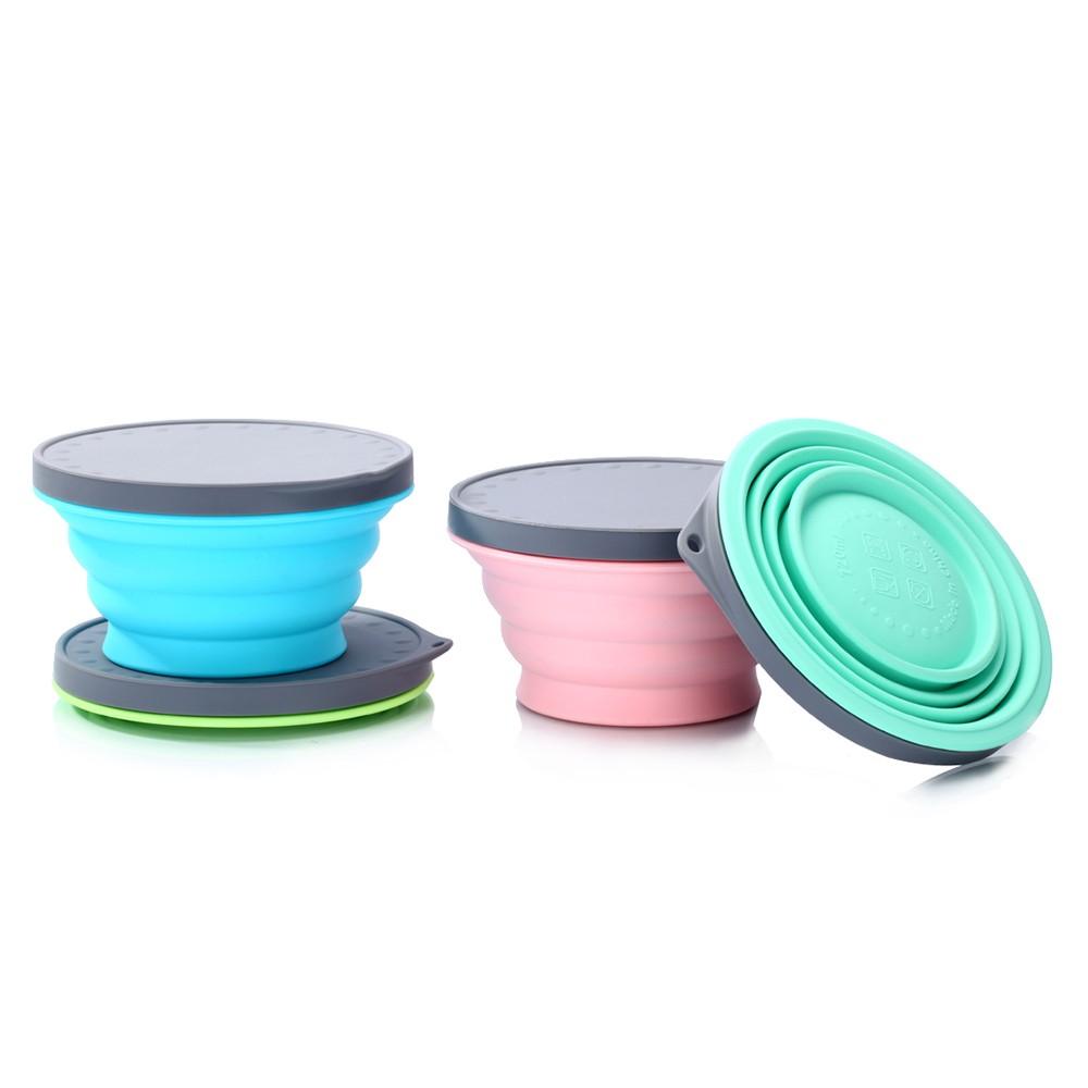 Silicone Collapsible Portable Bowl Expandable with Lid and Dish Sponge for Travel Camping Hiking