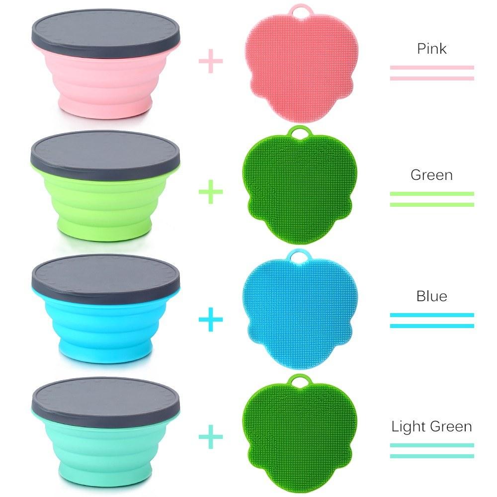 Silicone Collapsible Portable Bowl Expandable with Lid and Dish Sponge for Travel Camping Hiking