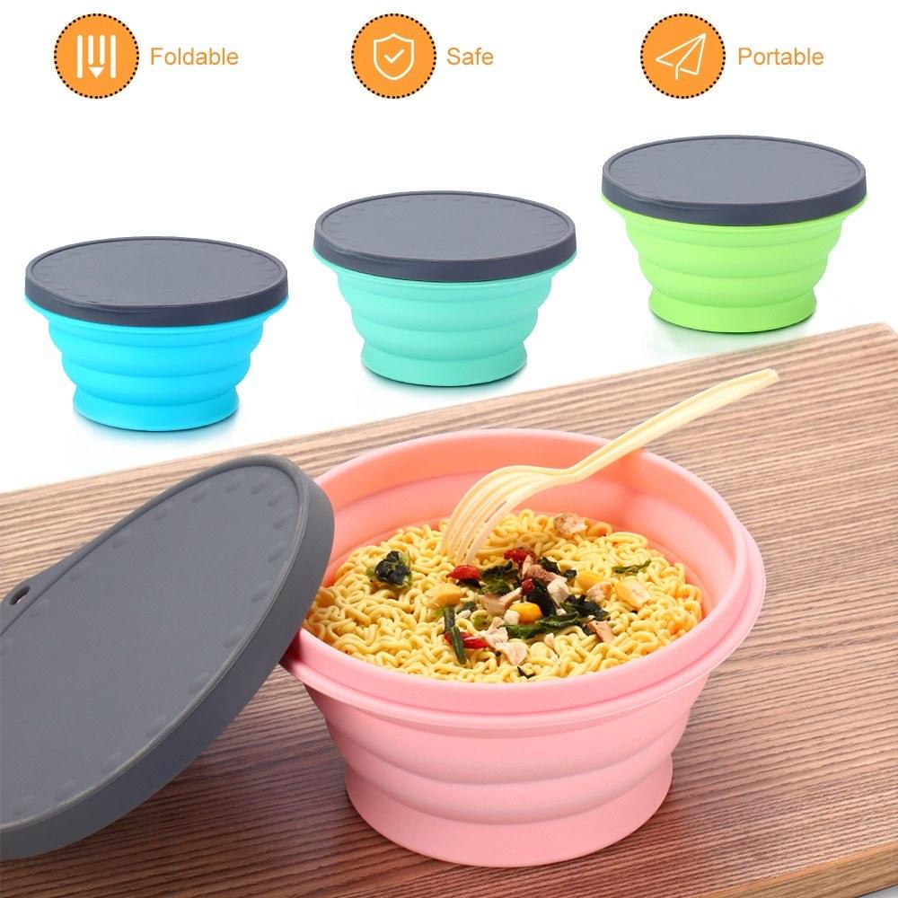 Silicone Collapsible Portable Bowl Expandable with Lid and Dish Sponge for Travel Camping Hiking
