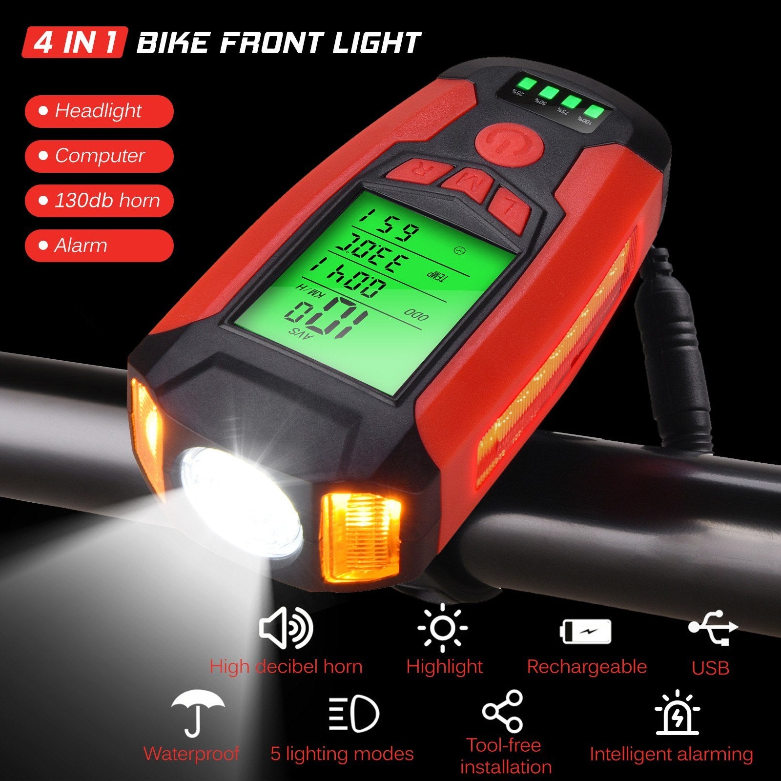 Bicycle Lamp USB Front Bike Light Rechargeable Bicycle Headlight with Bicycle Speedometer