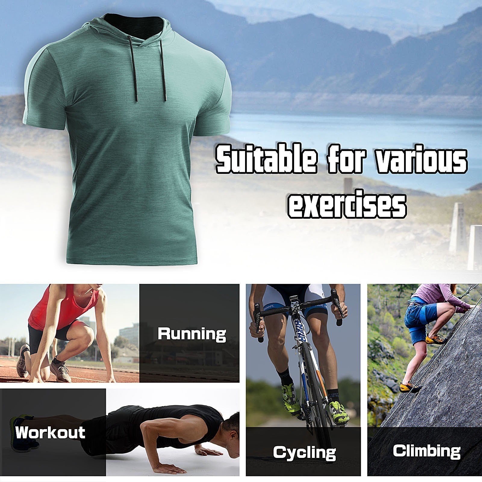 2PCS Men Summer Sports T-Shirt Solid Color Hooded Short Sleeve Quick-Dry Running Gym Sportswear