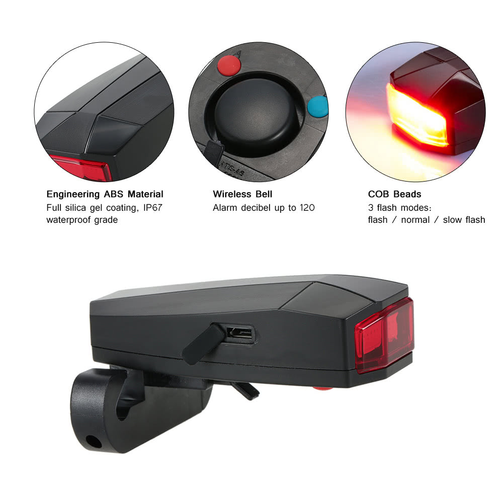 Bike Taillights Intelligent Anti-Theft Bicycle Tail Light Alarm LED Cycling Strobe Warning Electric Bell with Wireless Remote USB Cable MTB Accessories