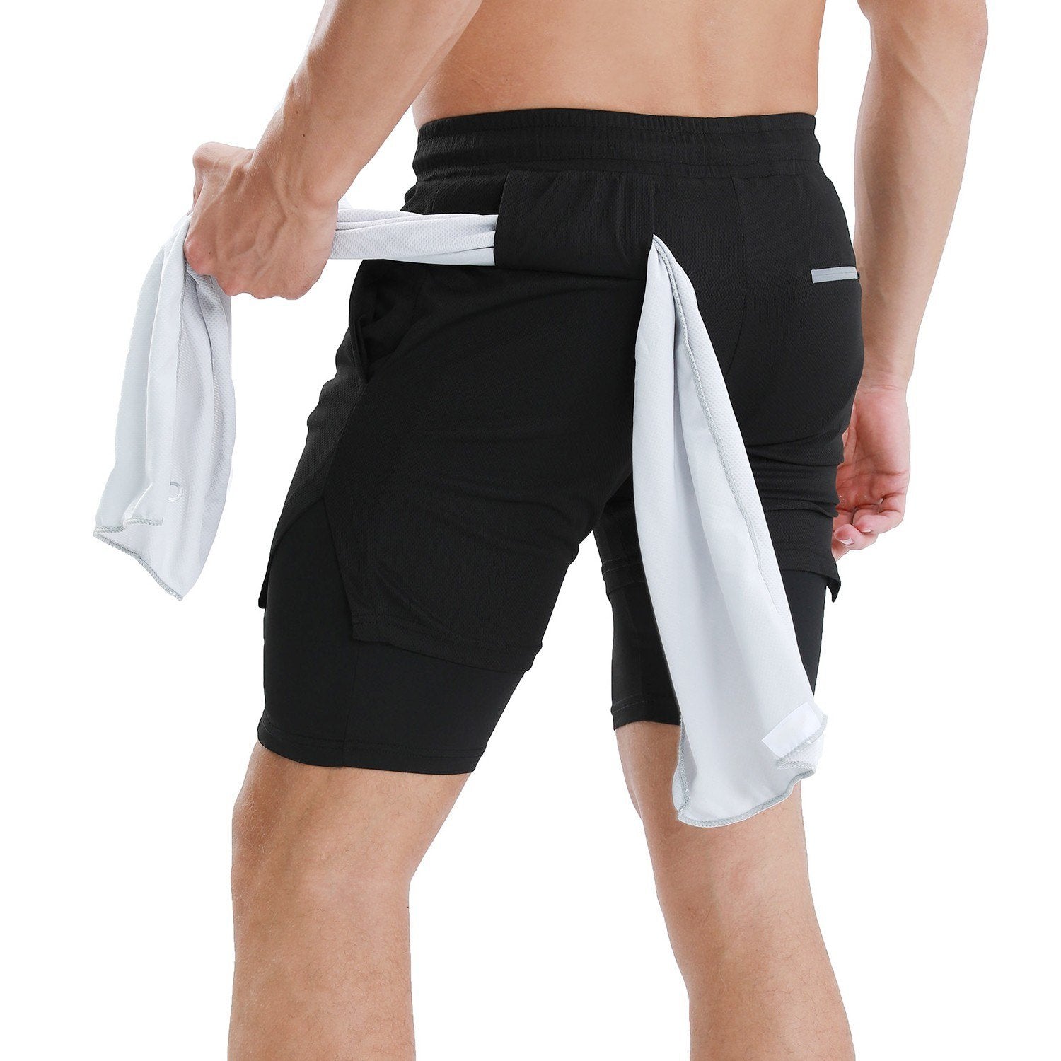 Men Running Shorts with Towel Loop Quick Dry Exercise Pockets for Training Gym Workout 2-in-1