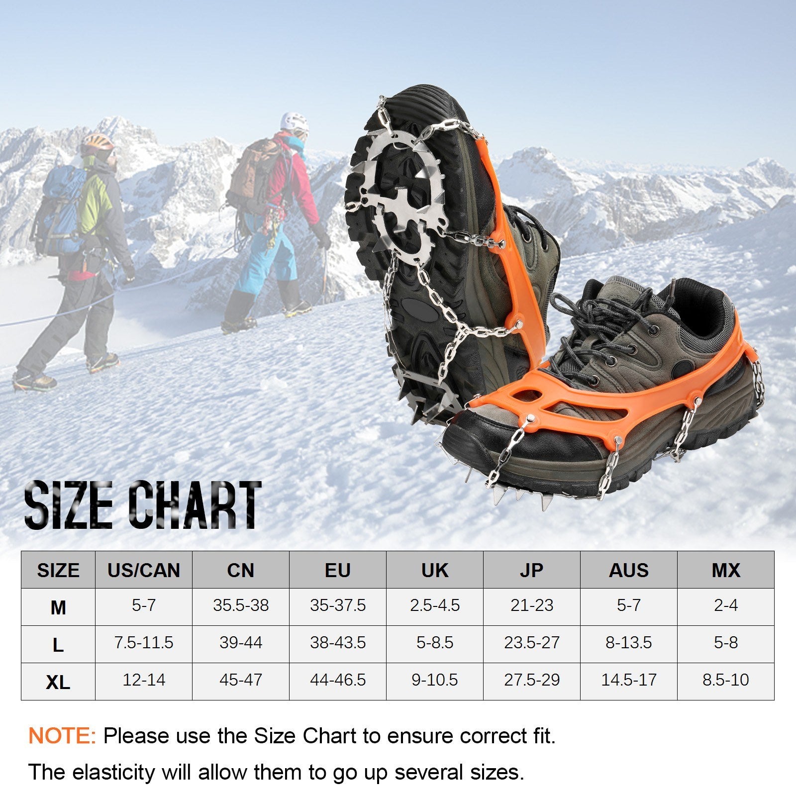 18 Spikes Traction Cleats Women Men Anti-slip Ice Snow Grips with Storage Pouch for Walking Hiking Fishing Mountaineering