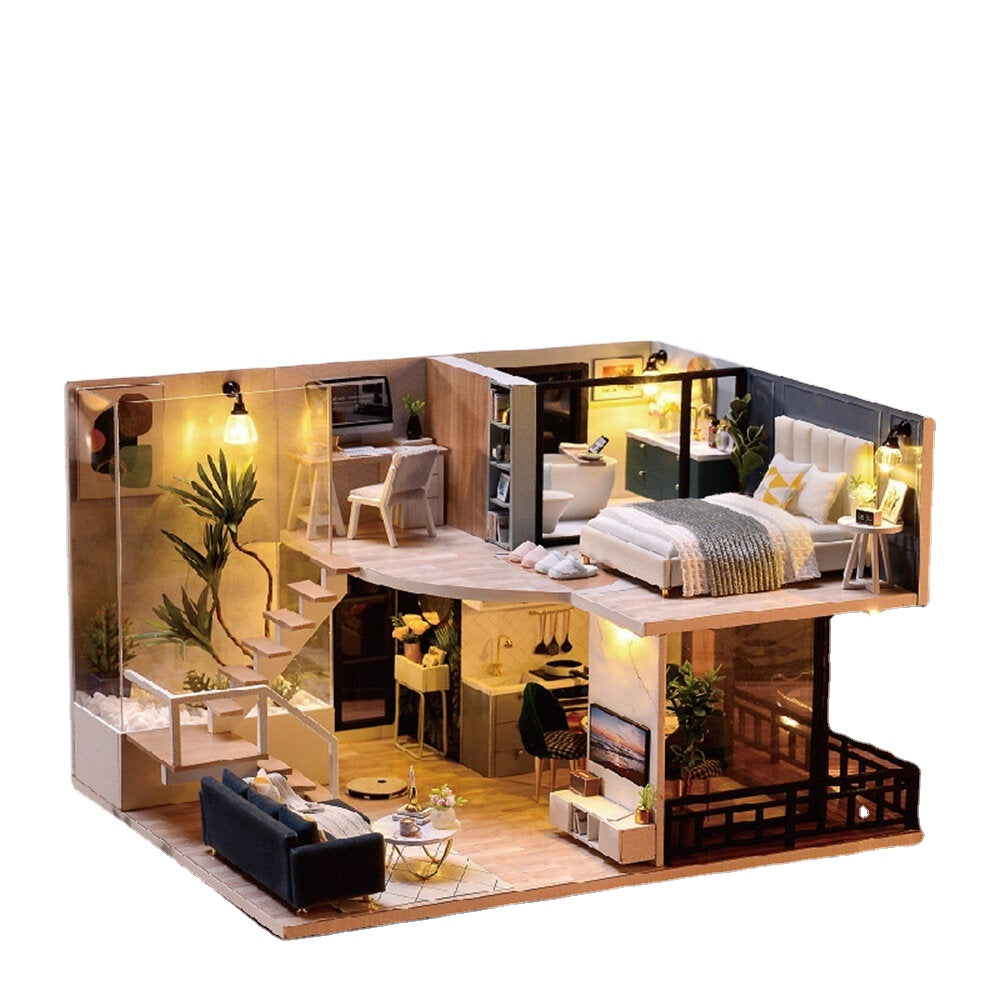 Cozy Time Space Sense Innovative Design Double-layer LOFT Assembled Doll House With Furniture