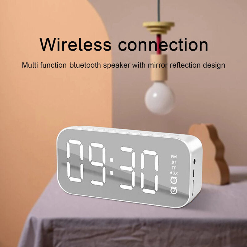 Wireless bluetooth Speaker Mirror Hifi Subwoofer Digital Alarm Clock with FM Function AUX Output