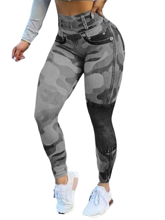 Fashionable Women's Camouflage Print High-waist Elasticity Faux Denim Pants