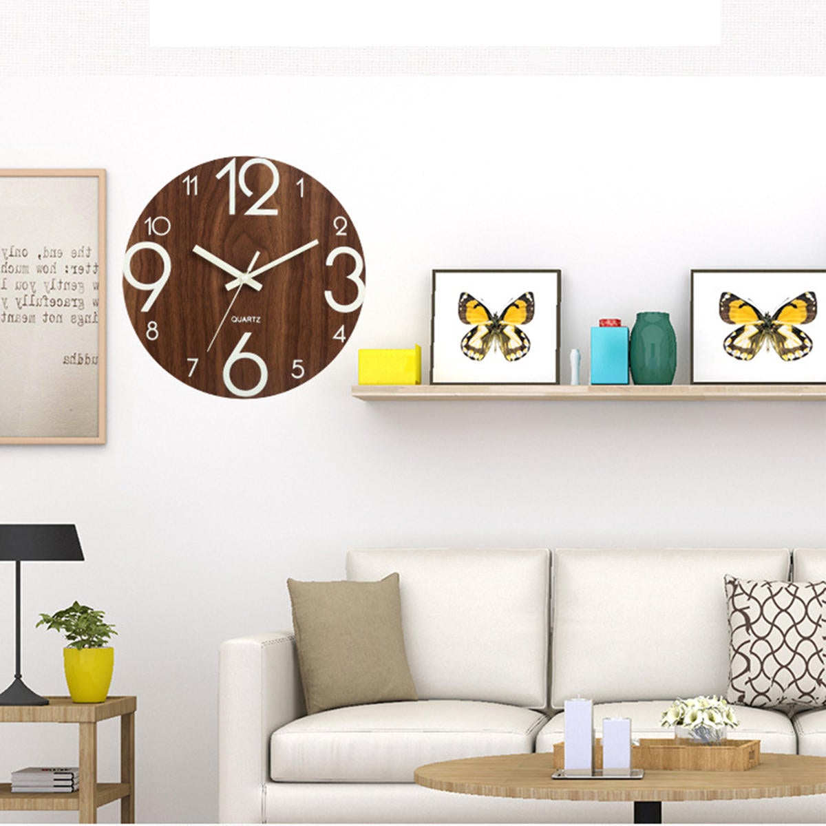 12" Luminous Wall Clock Quartz Wooden Silent Non Ticking Dark Home Room Decor