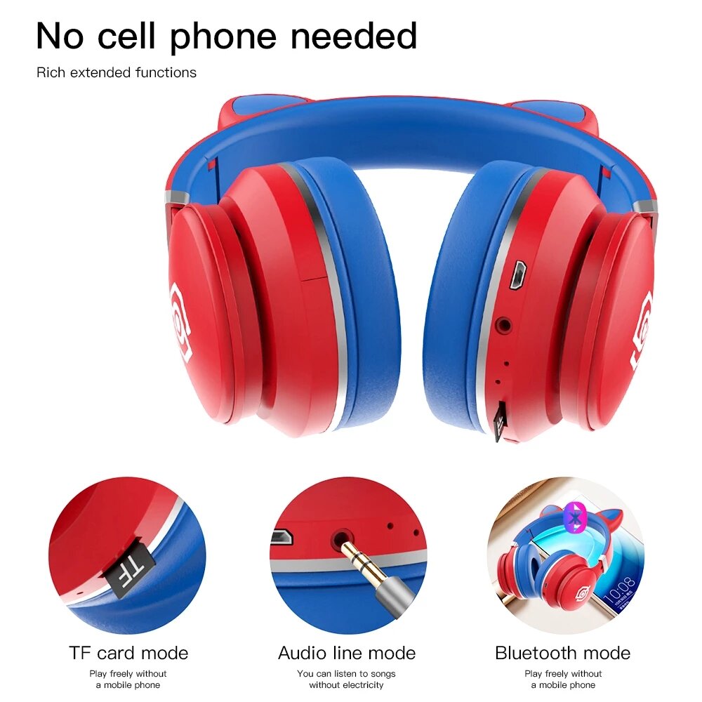 LED Over-Ear Headphones Noise Cancelling Headset bluetooth 5.0 Wireless Kids Headset Support TF Card 3.5mm Plug With Mic