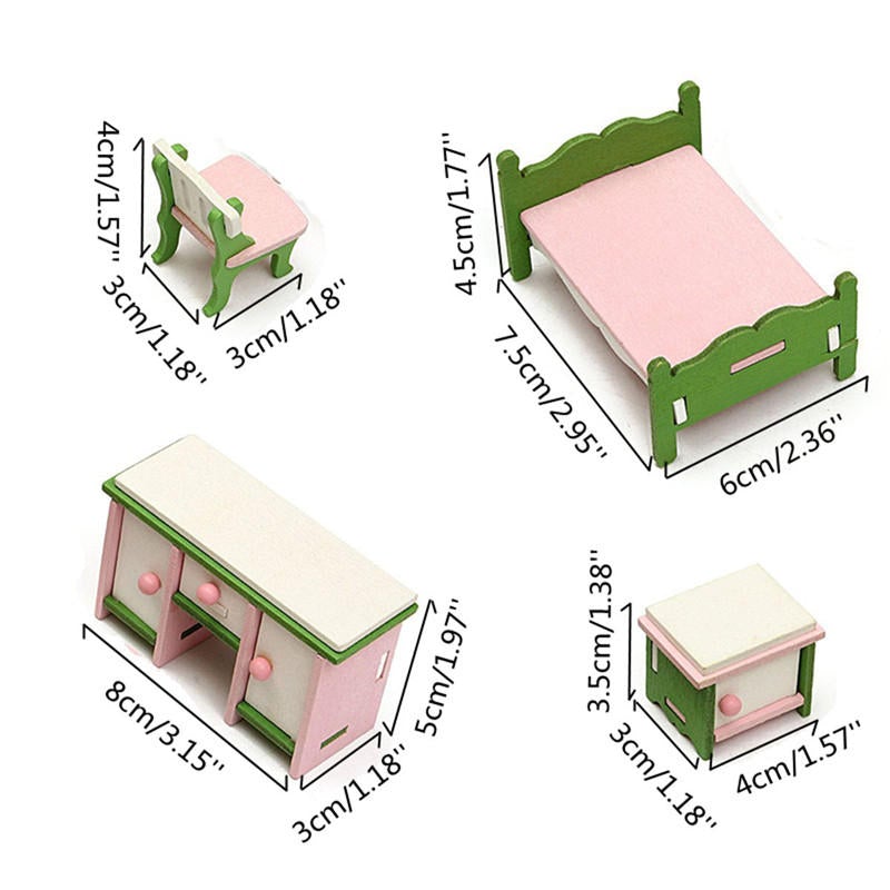 Miniature Bedroom Kit Wooden Furniture Set Families Role Play Toy