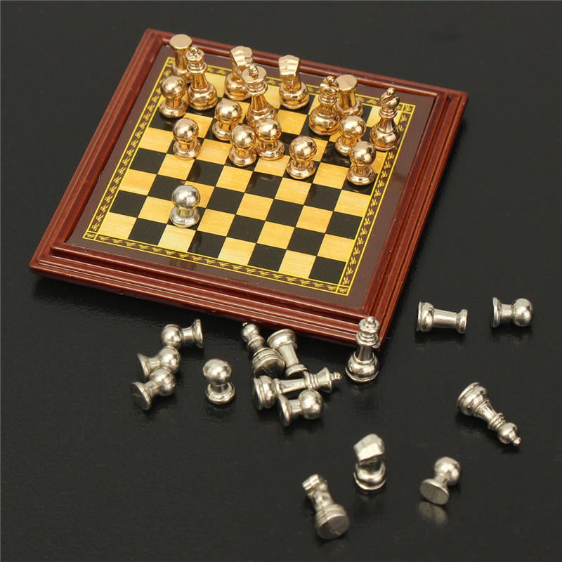 1:12 Scale Miniature Metal Chess Set Board Toys Home Room Ornaments