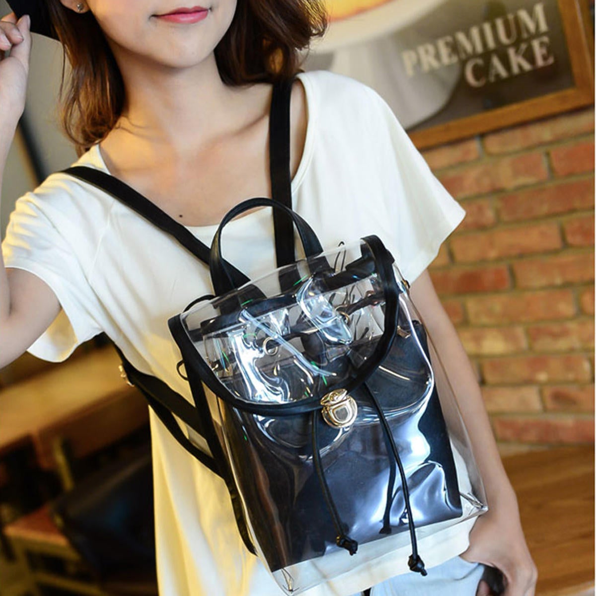 2 in 1 Clear Girl Transparent Fashison Backpack Satchel Women Jelly Beach Tote School