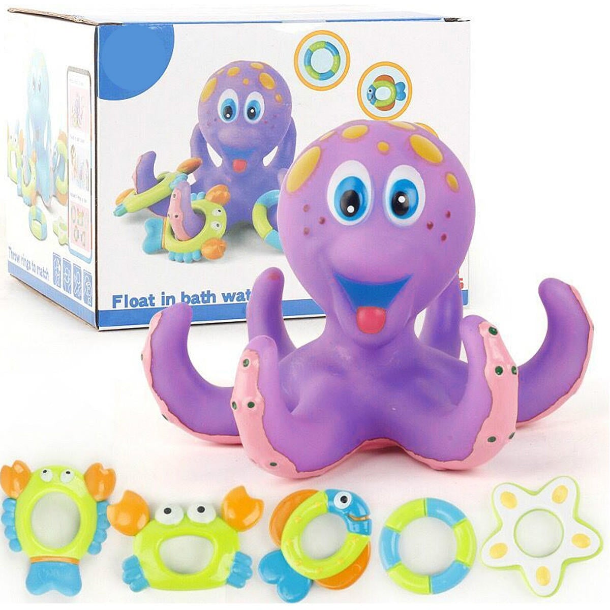 Floating Soft Rubber ABS Baby Bath Toys with 5 Marine Animal Rings Cast Circle for Kids Gift
