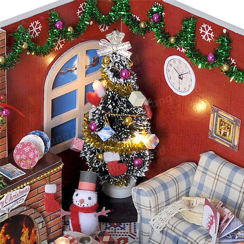 DIY Wooden Doll House Furniture Kits LED Light Miniature Christmas Room Puzzle Toy Gift Decor