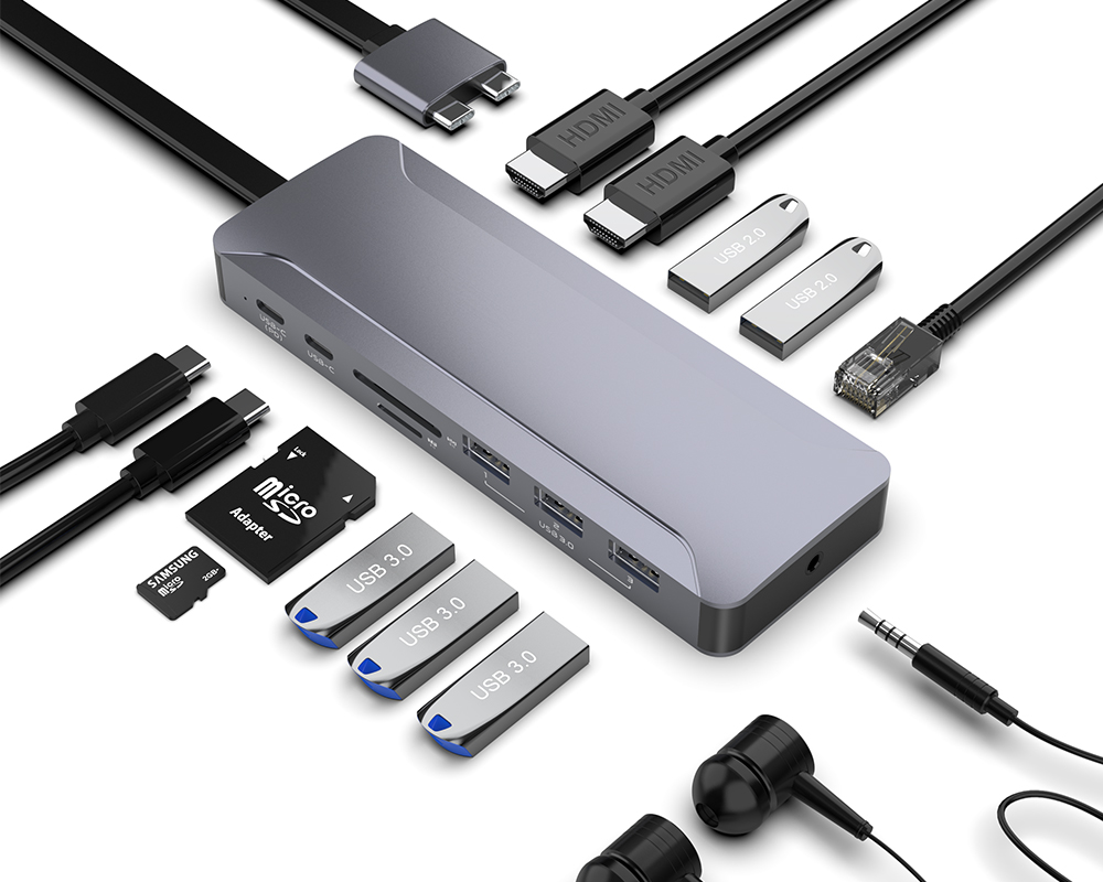 15 Port USB Hub 3.0 Alumimum Dual Type-C Hub Adapter with 3.5mm Audio JackRJ45 Network Port