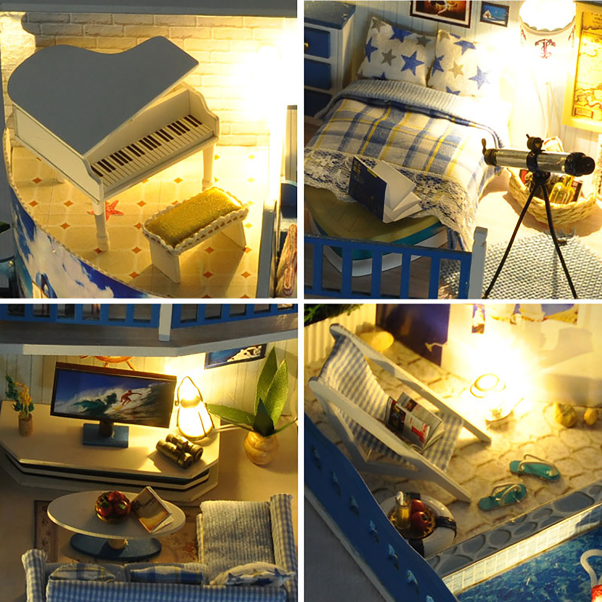 Wooden DIY Handmade Assemble Miniature Doll House Kit Toy with Furniture LED Light Music and Glass Dust Cover for Gift Collection