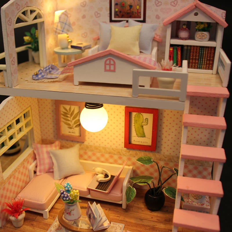 Pink Loft DIY House With Furniture Music Light Cover Miniature Decor Toy