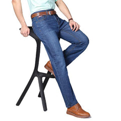 Mens Summer High Rise Loose Business Cotton Blue Jeans