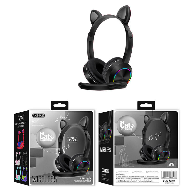 Wireless bluetooth Headphones Stereo Bass 40MM Dynamic Earphone Luminous Cartoon Cute Cat Ear Headset with Mic