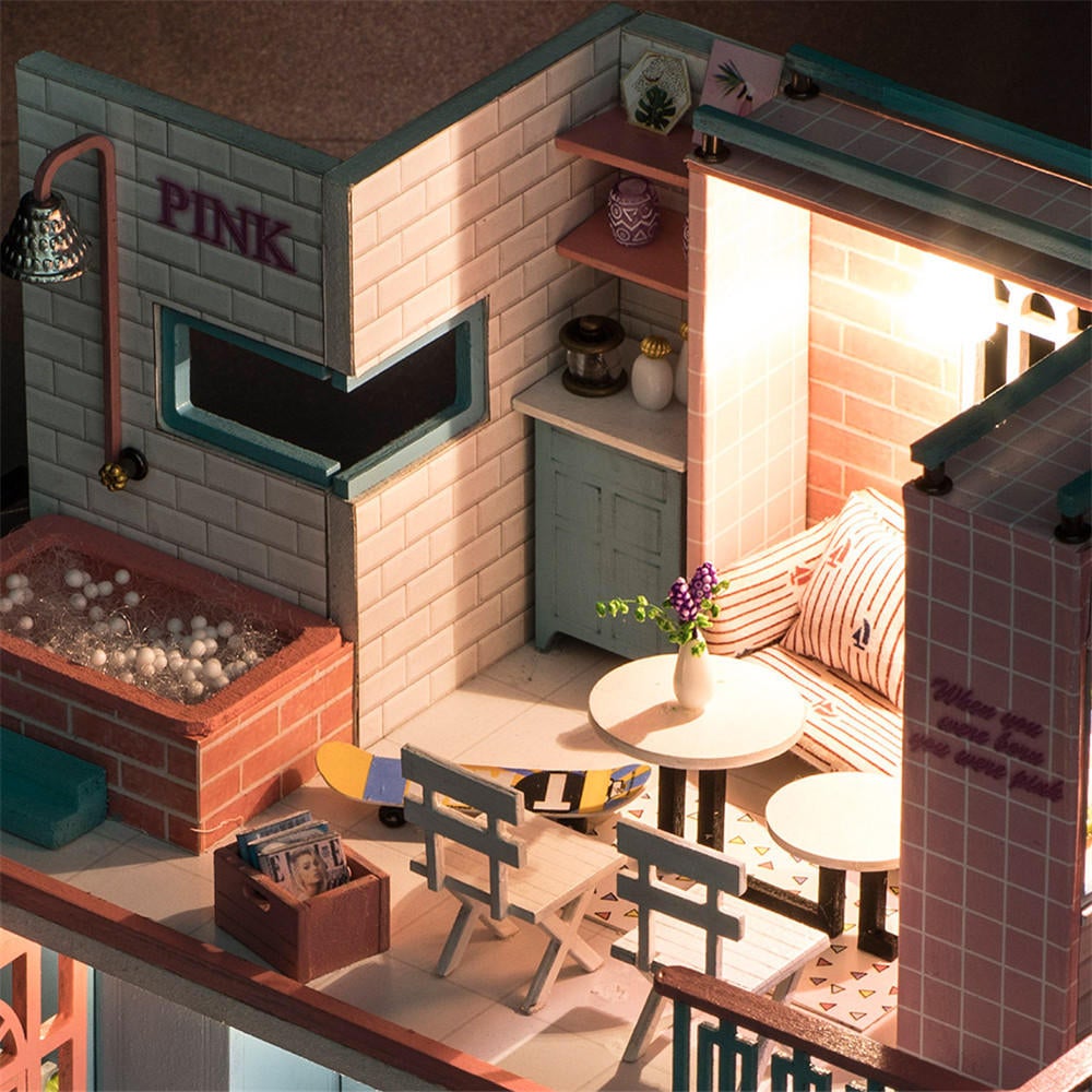 Pink Cafe House 30*19*22CM DIY Doll House With Furniture Light Cover Gift Toy