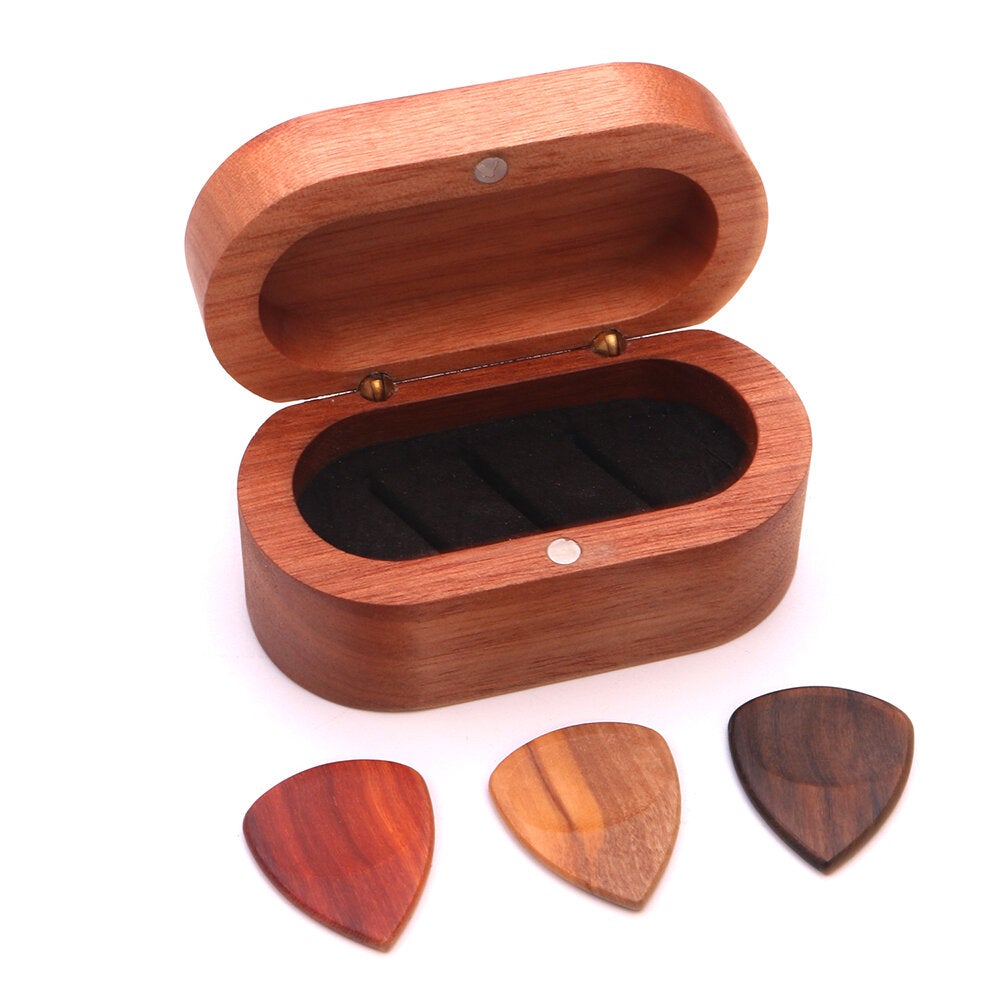 Wooden Guitar Pick Set Plectrum Storage Holder Case Box with 3pcs Picks Wood Accessories