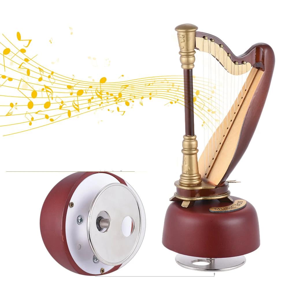 Classical Wind Up Harp Music Box with Rotating Musical Base Instrument Miniature Replica Artware Gift