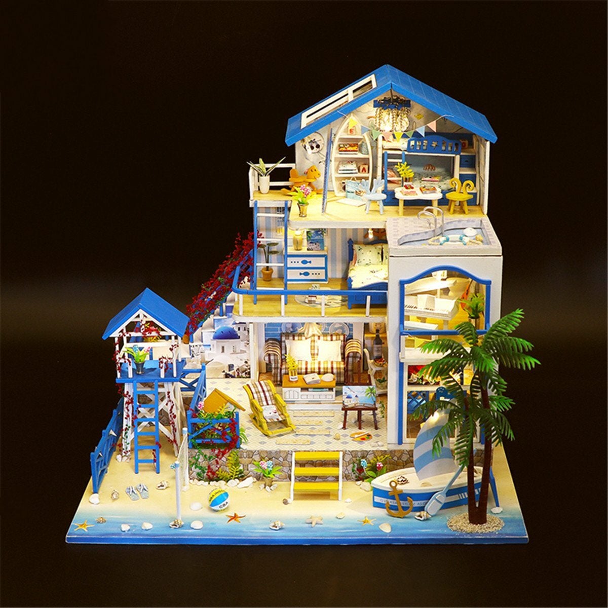 Wooden DIY Beach Villa Doll House Miniature Kit Handmade Assemble Toy with LED Light for Birthday Gift Collection Home Decor