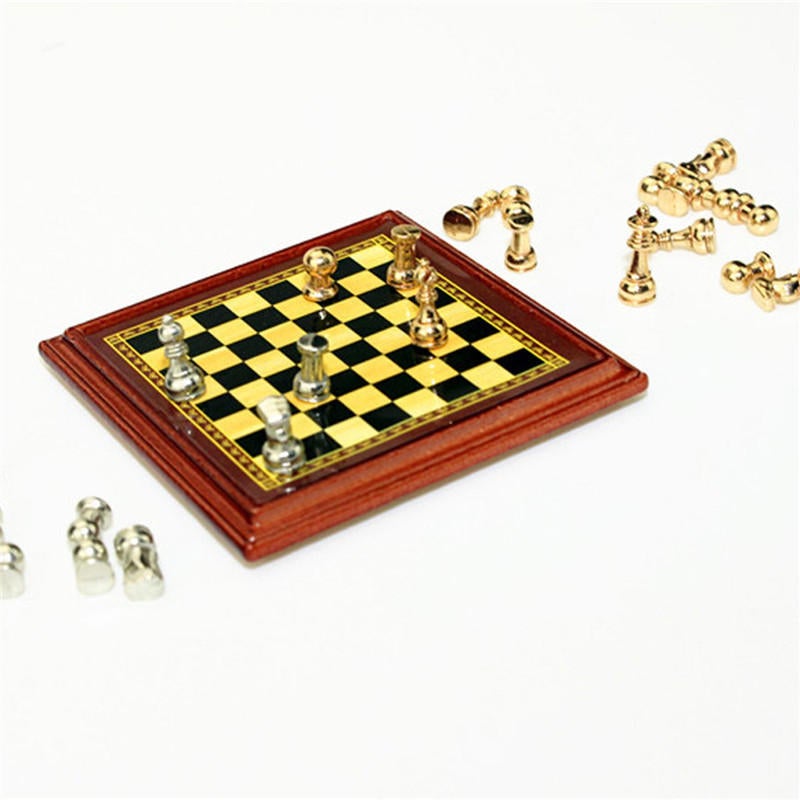 1:12 Scale Miniature Metal Chess Set Board Toys Home Room Ornaments