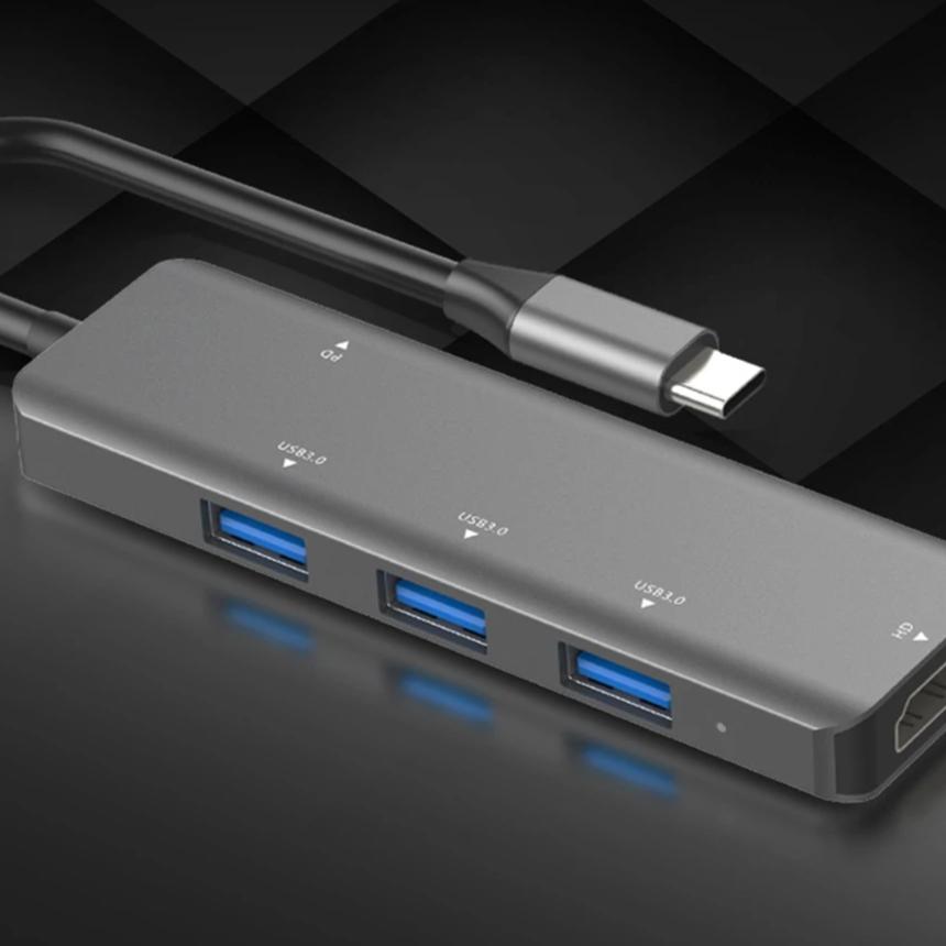 5 in 1 Hub Type-C To USB3.0*3+PD+HD Intelligent USB Hub Multi-port Adpater