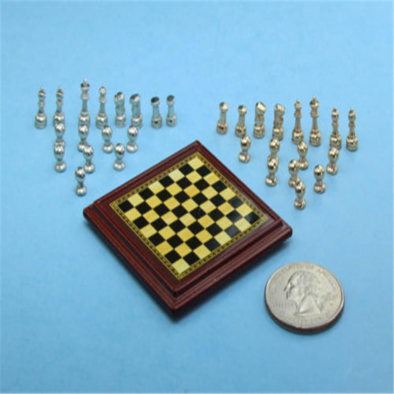 1:12 Scale Miniature Metal Chess Set Board Toys Home Room Ornaments