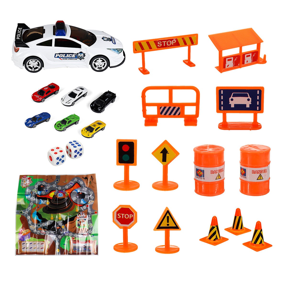 Simulation Police Car Diecast Vehicle Model Toy with Sirnes Sound and Light with 6 Cars and Game Map for Kids Birthday Holidays Gift