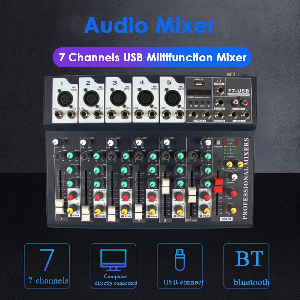 25W 7 Channel 3-Band EQ AUX Output 48V Phantom Power Bluetooth Audio Mixer