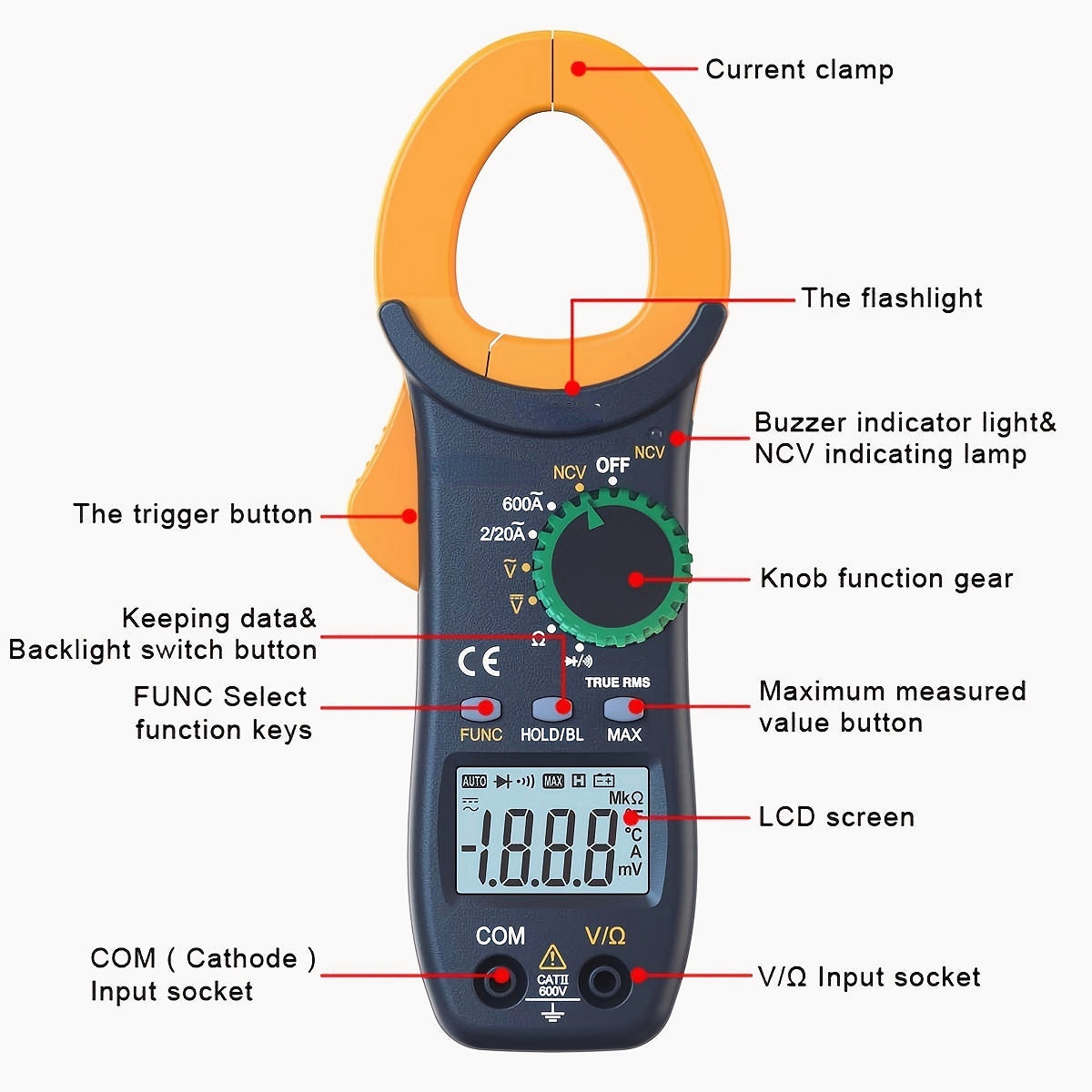 Digital Display Clamp Auto-Ranging Multimeter Testing Current Voltage Resistance