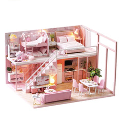 Creative DIY Handmade Assemble Doll House Miniature Furniture Kit with Music Movement LED Effect Dust Proof Cover Toy for Kids Birthday Xmas Gift House Decoration