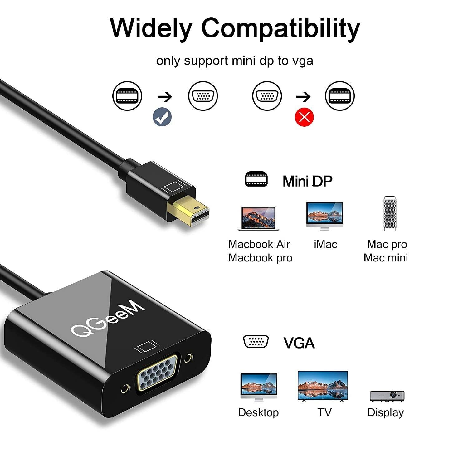 Mini Displayport Mini DP to VGA Adapter with Gold Plated Full HD 1080P 60HZ for PC Laptop MacBook