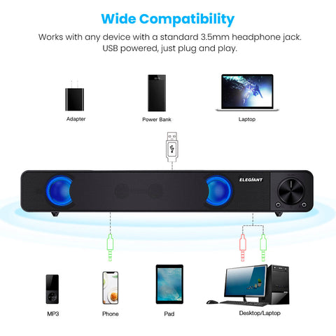 Computer Speakers Wired Computer Sound Bar Stereo USB Powered Mini Soundbar Speakers for PC Tablets Laptop Desktop Projector Cellphone