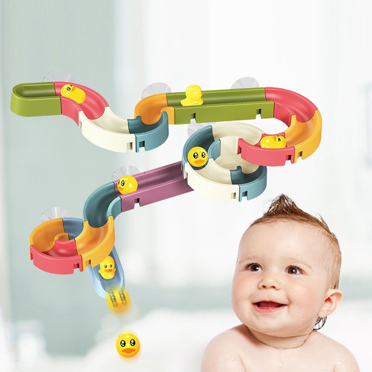 Rich Color Baby Bathroom Duck Play Water Track Slideway Game DIY Assembly Puzzle Early Education Set Toy for Kids Gift