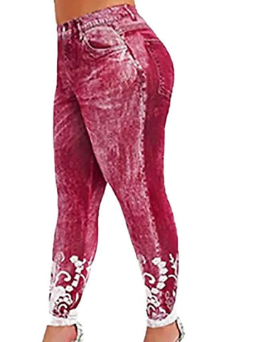 Fashion Casual Faux Denim Mid Waist Print Flower Women Stretchy Pants
