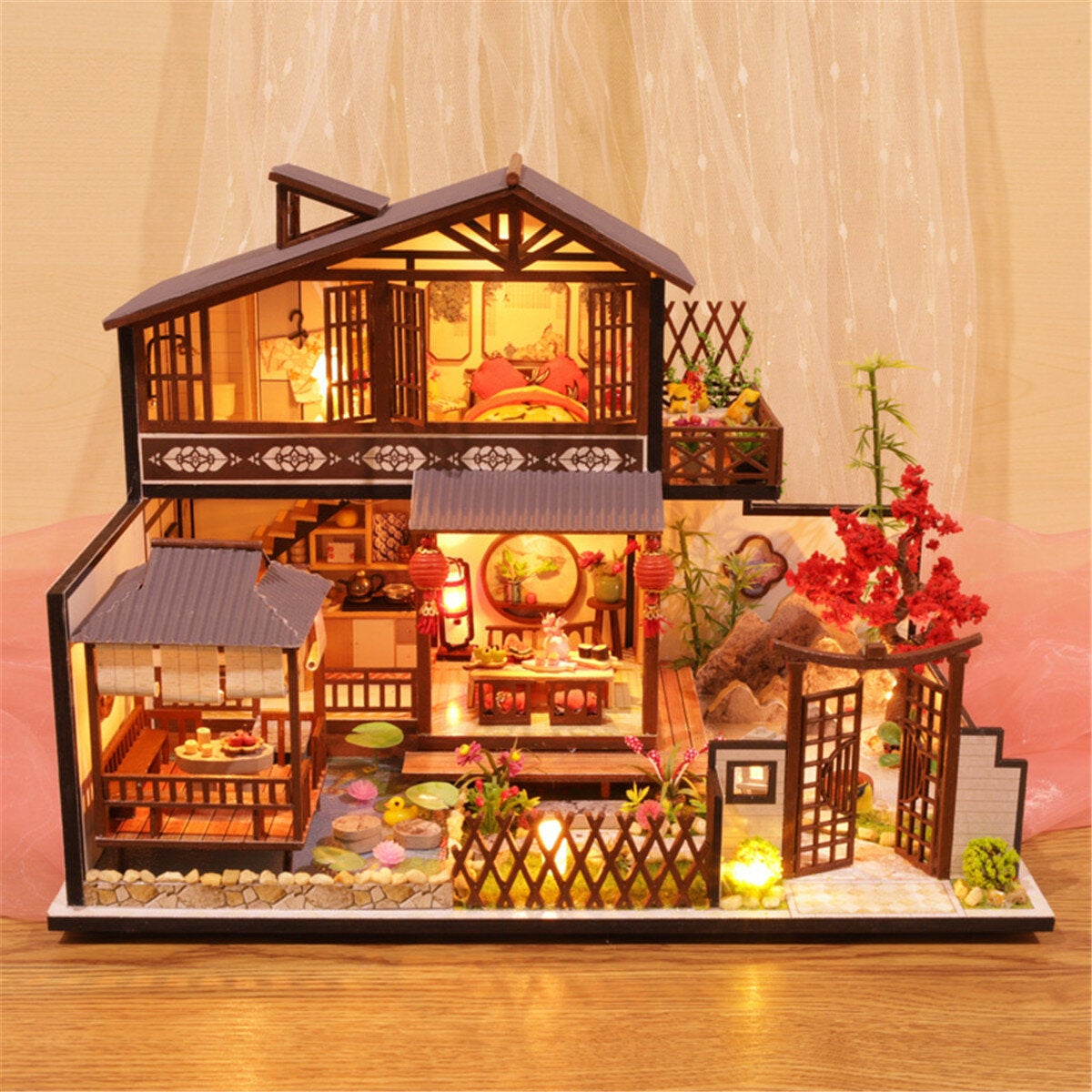 Wooden DIY Courtyard Doll House Miniature Kit Handmade Assemble Toy with LED Light Dust-proof Cover for Gift Collection