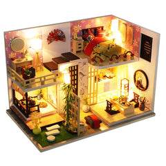 Wooden Japan Style Bamboo Maple House DIY Handmade Assembly Doll House Miniature Furniture Kit with LED Light Toy for Kids Birthday Gift Home Decoration