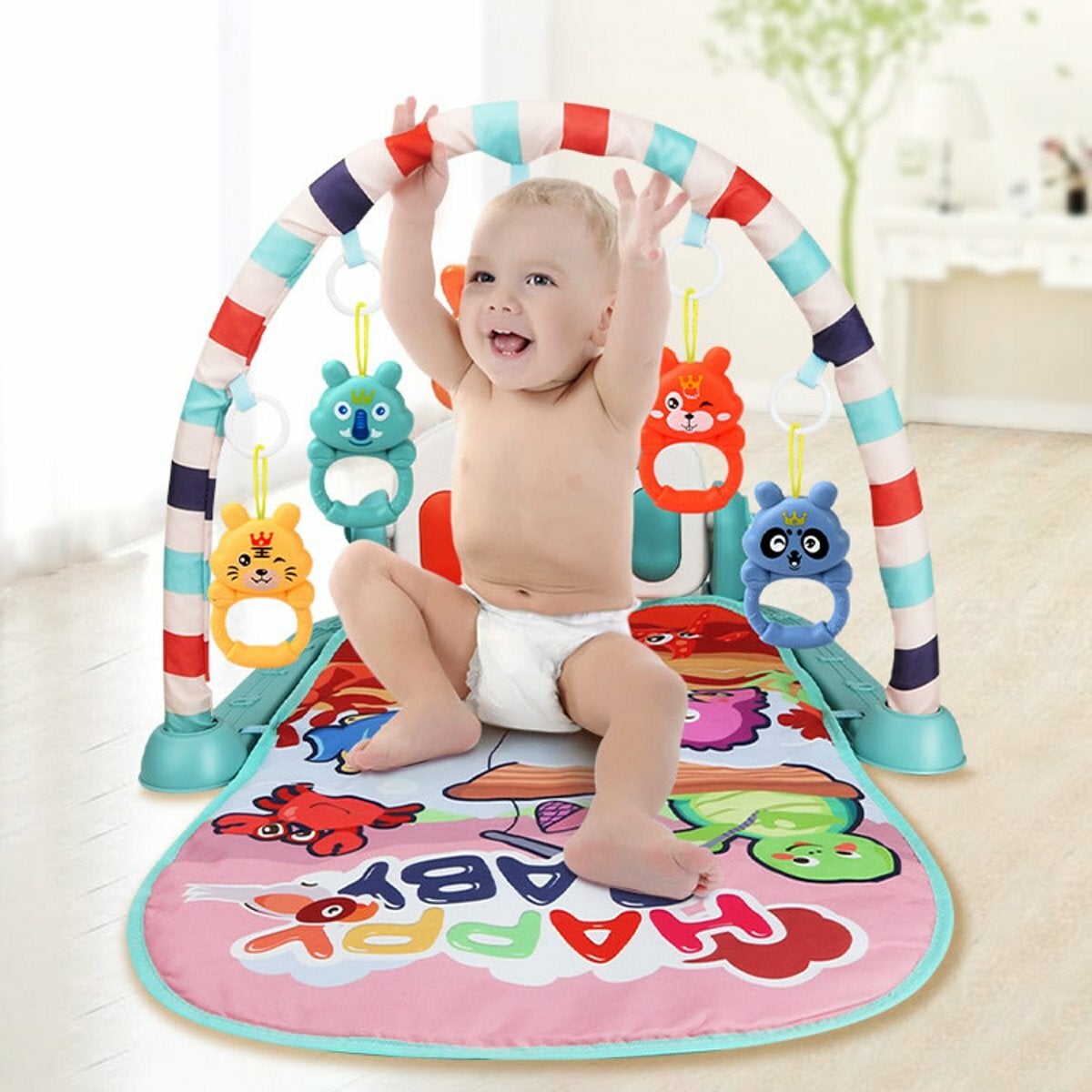 76*56*43CM 2 IN 1 Multi-functional Baby Gym with Play Mat Keyboard Soft Light Rattle Toys for Baby Gift