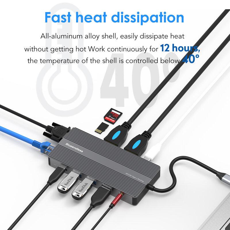 12-In-1 USB Type-C Hub Docking Station Adapter With Dual 4K HDMI Display USB-C Data Transfer