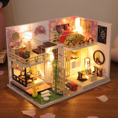 Wooden Japan Style Bamboo Maple House DIY Handmade Assembly Doll House Miniature Furniture Kit with LED Light Toy for Kids Birthday Gift Home Decoration