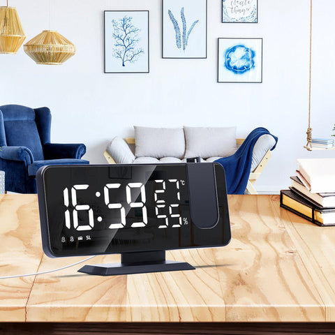 LED Digital Alarm Clock FM Radio HD Time Projection Mirror Clocks Snooze Function Temperature Humidity Display Electronic Clock Time Clock