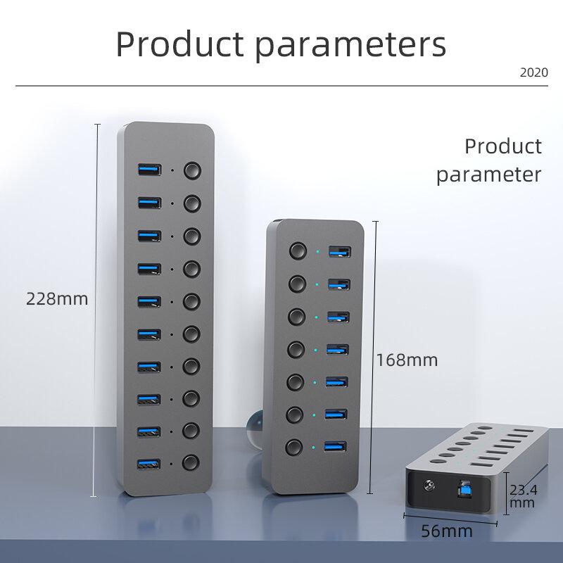 Aluminum 10 Port USB3.0 Hub Adaptor With Individual Power Switch 5GBPs USB 3.0 Hub for iPhone X 12 Pro MAX