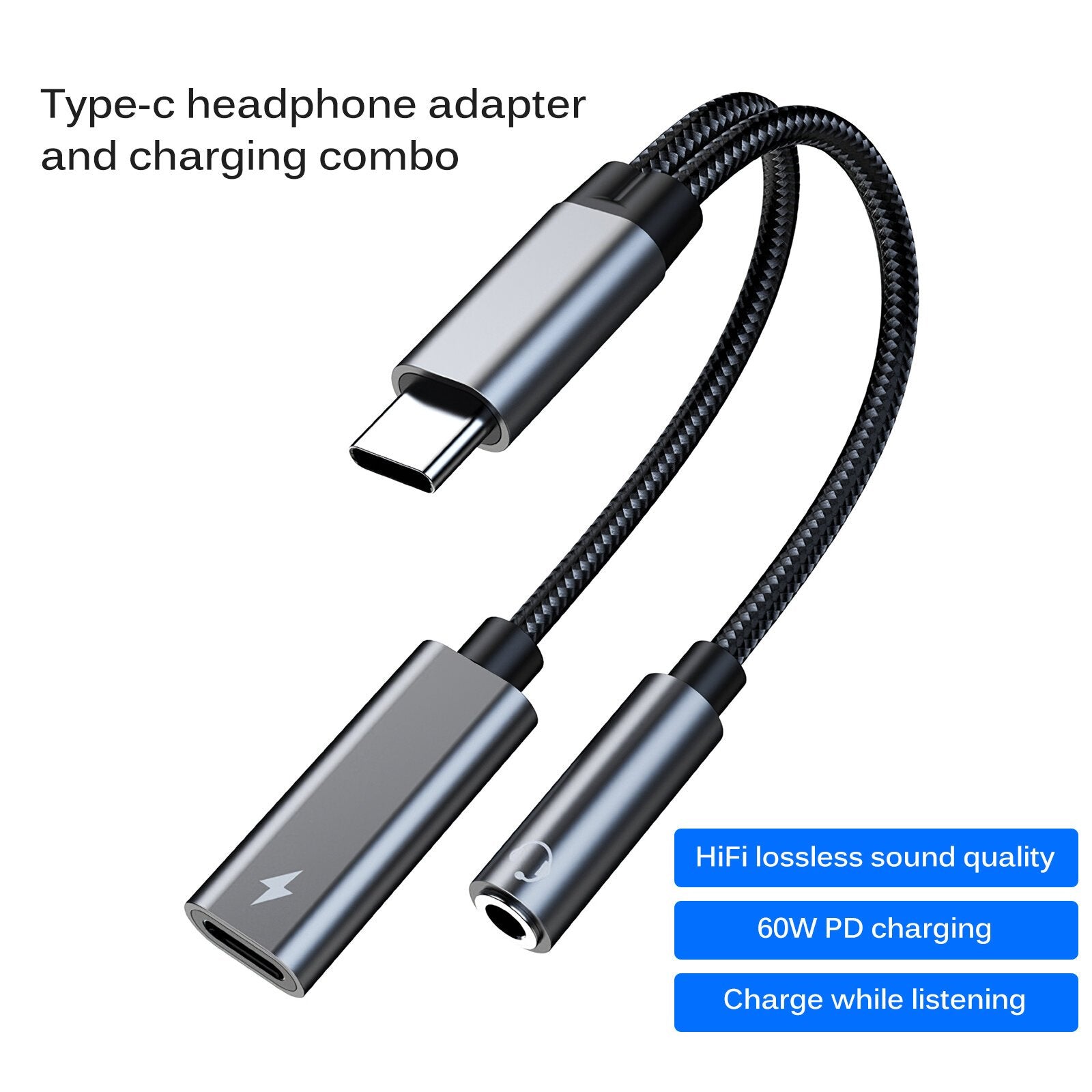 60W Fast Charging USB Type C to 3.5mm Jack/Type-C Headphone Adapter