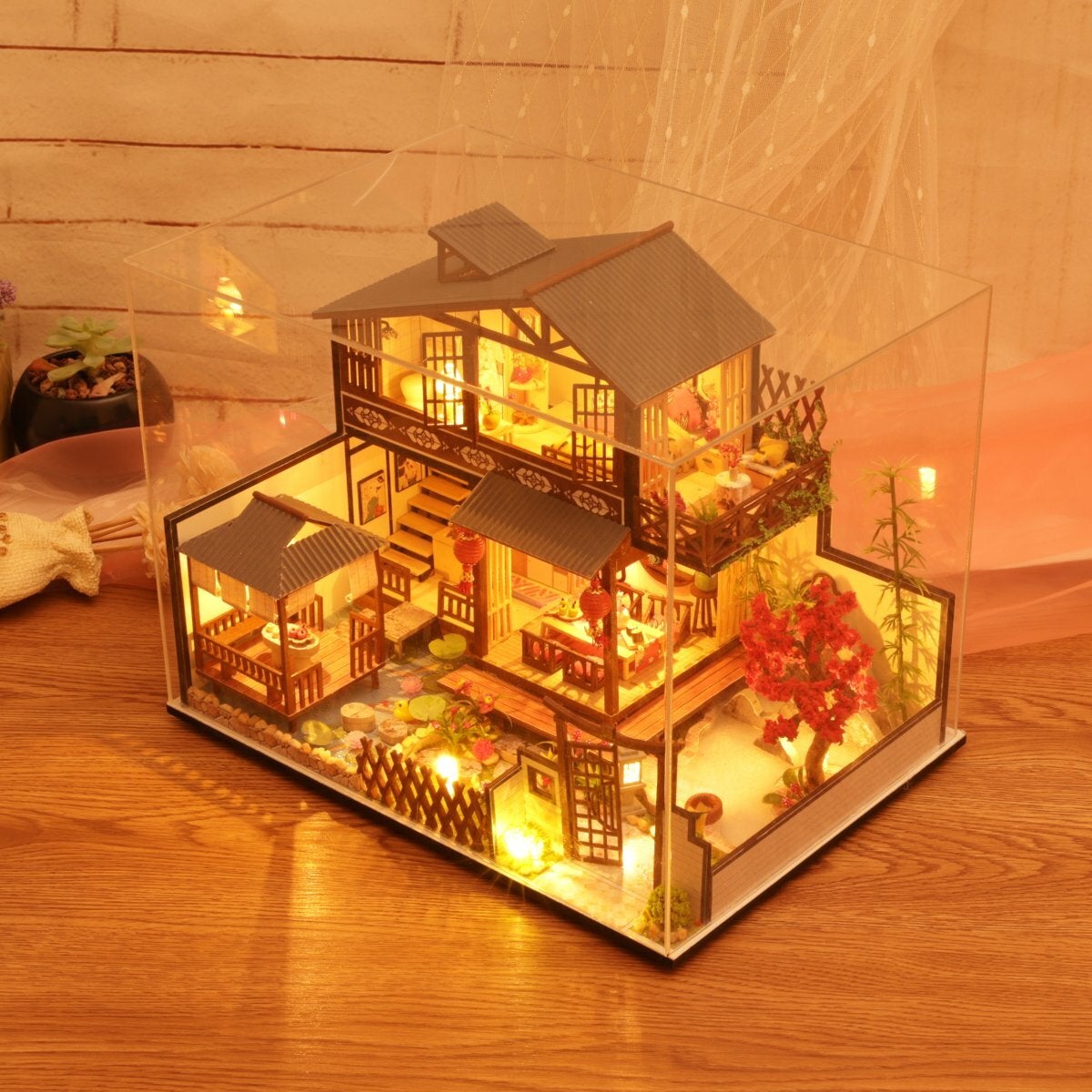 Wooden DIY Courtyard Doll House Miniature Kit Handmade Assemble Toy with LED Light Dust-proof Cover for Gift Collection