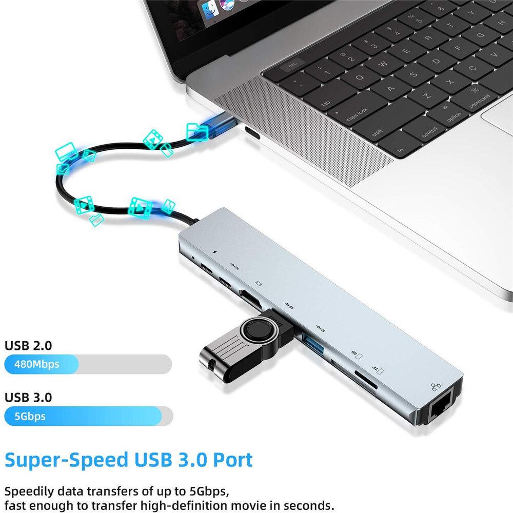 8-in-1 USB-C Hub Docking Station Adapter With 4K HDMI HD Display 87W USB-C PD3.0 Power Delivery USB-C Data Transmission