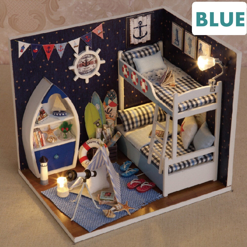 Creative Room DIY Handmade Assembly Doll House Miniature Furniture Kit with LED Light Dust Proof Cover Toy for Kids Birthday Gift Home Decoration Collection